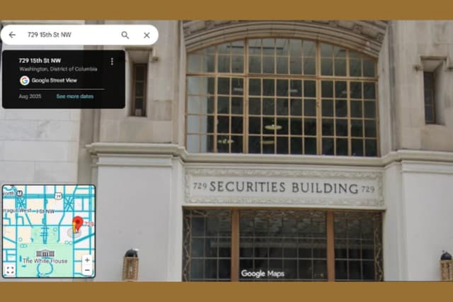 El edificio de la Bolsa de Valores, ubicado en el número 729 de la calle 15 NW en Washington, se encuentra a unos 650 pies de los terrenos de la Casa Blanca. (Google Maps/Captura de pantalla vía The Epoch Times).