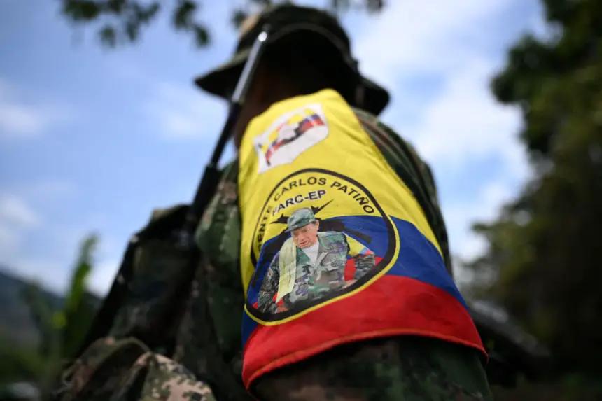 Un miembro del frente Carlos Patiño de la guerrilla disidente de las FARC patrulla junto a cultivos de coca en el Cañón de Micay, una zona montañosa y bastión de la EMC en el departamento del Cauca, suroeste de Colombia, el 24 de marzo de 2024. (Raul Arboleda/AFP vía Getty Images)