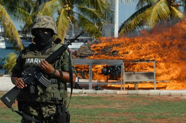 Imagen de archivo de un soldado de la Marina Armada de México que presta guardia durante la quema de cerca de 900 kilos de cocaína. EFE/Jacinto Canek