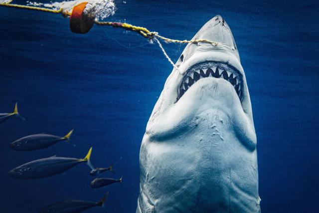 Un gran tiburón blanco adopta la pose de "Tiburón" frente a la costa de Guadalupe, México. (Cortesía de Euan Rannachan).
