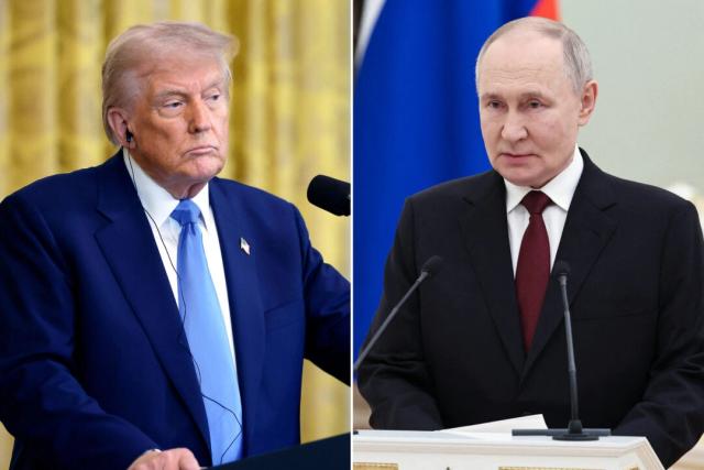 (Izquierda) El presidente de EE. UU., Donald Trump, en el Salón Este de la Casa Blanca en Washington, D. C., el 24 de febrero de 2025; (Derecha) El presidente de Rusia, Vladimir Putin, pronuncia un discurso en el Kremlin en Moscú, el 23 de febrero de 2025. (Chip Somodevilla/Getty Images; Alexander Kazakov/POOL/AFP a través de Getty Images)