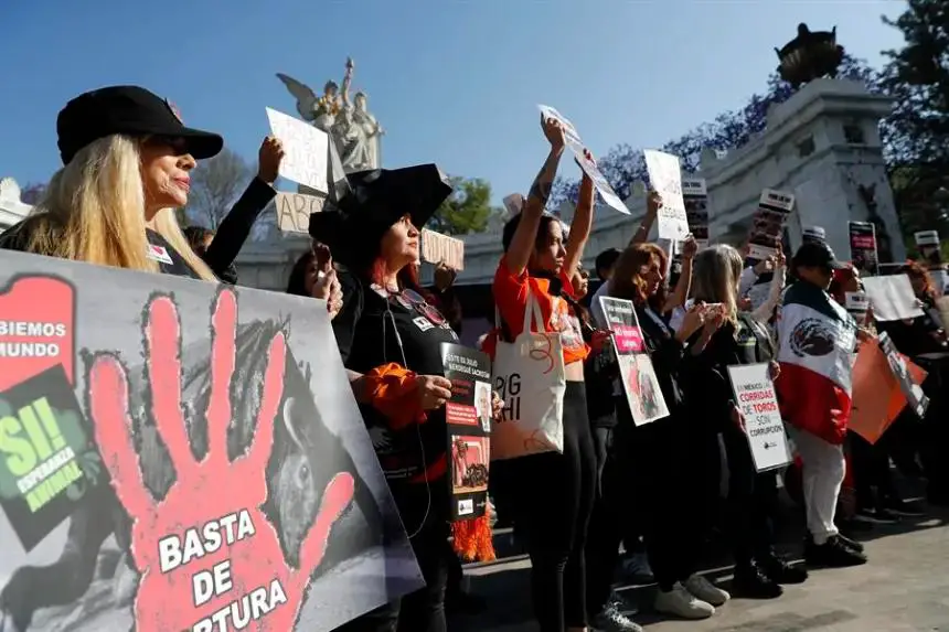 Personas sostienen carteles durante una manifestación en contra de las corridas de toros este martes 18 de marzo de 2025, en Ciudad de México (México). EFE/ Mario Guzmán