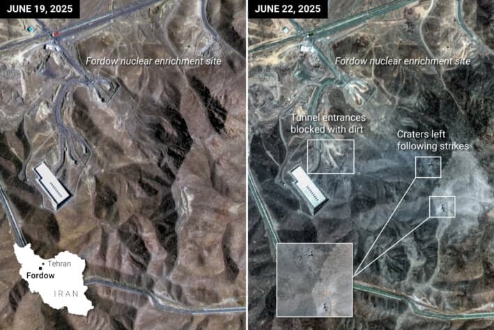 Antes y después del bombardeo estadounidense del 21 de junio contra la planta de enriquecimiento de uranio de Fordow, al norte de Qom, Irán. (Ilustración de The Epoch Times, Reuters, Shutterstock)