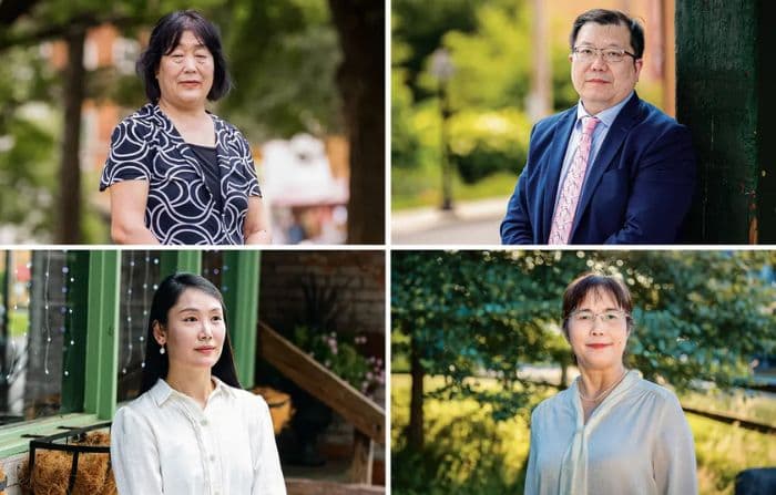 (De izq. a dcha) Los practicantes de Falun Gong Shi Baohua, Liu Ziyu, Hunter Wang y He Zhiwei comparten su experiencia escapando de la persecución del Partido Comunista Chino a Falun Gong. (Larry Dye/The Epoch Times)