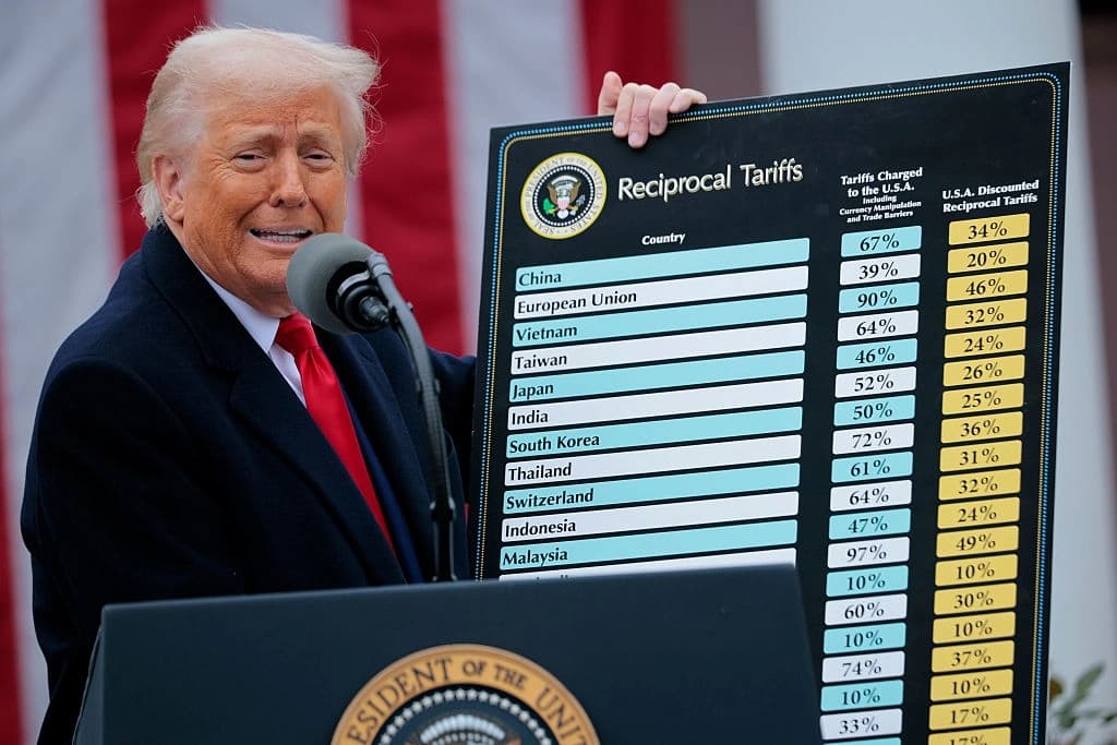 El presidente de los Estados Unidos, Donald Trump, muestra un gráfico de "aranceles recíprocos" en el Jardín de las Rosas de la Casa Blanca, en Washington, el 2 de abril de 2025. (Chip Somodevilla/Getty Images)