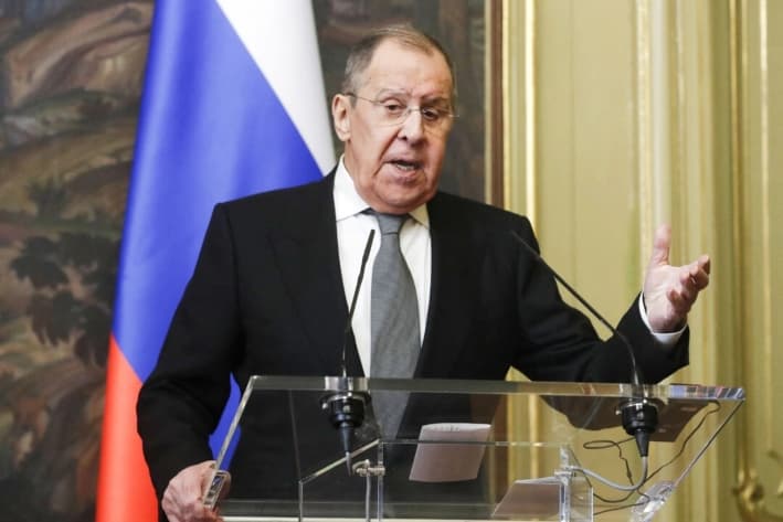 El ministro de Asuntos Exteriores ruso, Sergei Lavrov, en una conferencia de prensa en Moscú, el 27 de febrero de 2024. (Maxim Shipenkov/POOL/AFP vía Getty Images)