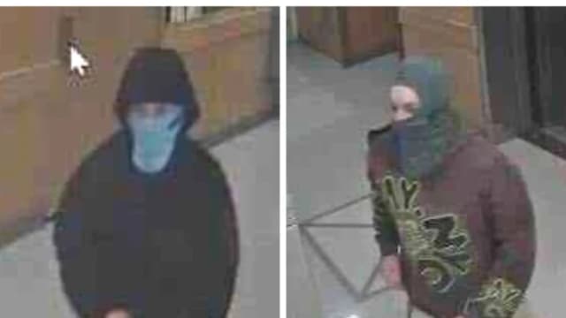 Una foto combinada muestra a dos personas de interés en una explosión en la Facultad de Medicina de Harvard en Boston, el 1 de noviembre de 2025. (Departamento de Policía de la Universidad de Harvard a través de AP)