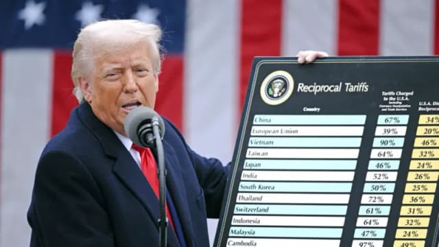 El presidente Donald Trump sostiene un gráfico mientras pronuncia unas declaraciones sobre los aranceles recíprocos en la Casa Blanca el 2 de abril de 2025. (Brendan Smialowski/AFP a través de Getty Images).