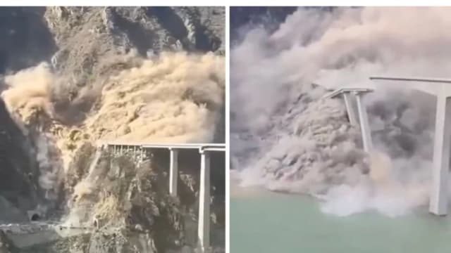 El derrumbe del puente Hongqi en la provincia china de Sichuan el 11 de noviembre de 2025. (Captura de pantalla vía X).