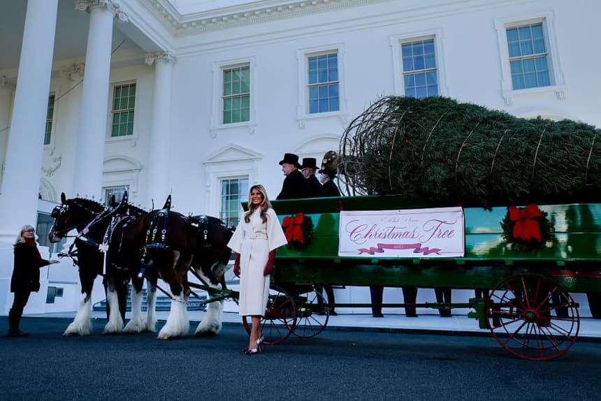 La primera dama Melania Trump recibe el árbol de Navidad oficial de la Casa Blanca de 2025 frente al Pórtico Norte de la Casa Blanca, el 24 de noviembre de 2025. (Heather Diehl/Getty Images)