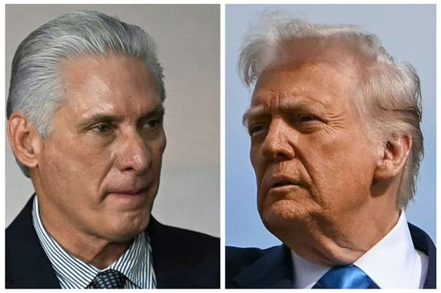 Esta combinación de imágenes creada el 11 de enero de 2026 muestra al presidente y primer secretario del Partido Comunista de Cuba, Miguel Díaz-Canel (Izq.), antes de una foto familiar durante la cumbre del BRICS en Río de Janeiro, Brasil, el 7 de julio de 2025; y al presidente de Estados Unidos, Donald Trump, (Dcha.) mientras sube al Air Force One antes de viajar a Corea del Sur, en el aeropuerto de Haneda, en Tokio, el 29 de octubre de 2025. (Mauro PIMENTEL y ANDREW CABALLERO-REYNOLDS / AFP a través de Getty Images)