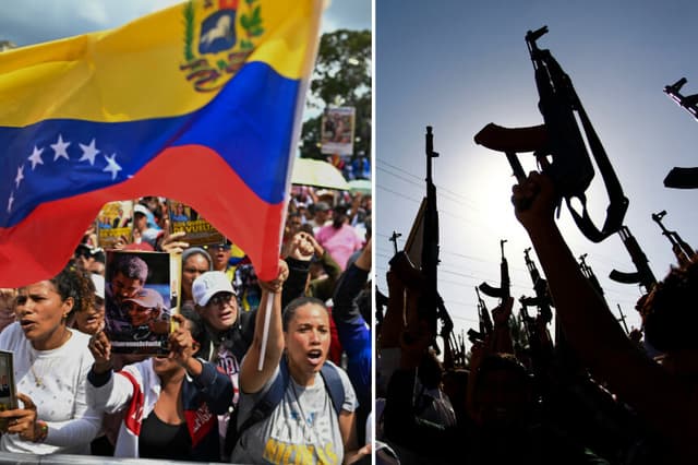 Imagen ilustrativa: Der. Personas manifestándoselas por captura del líder venezolano Nicólas Maduro. (Juan BARRETO / AFP via Getty Images) Izq. Miembros de tribus chiíes iraquíes blanden sus armas mientras se reúnen para mostrar su disposición a unirse a las fuerzas de seguridad en la lucha contra los militantes yihadistas, quienes han tomado varias ciudades del norte de Irak, el 17 de junio de 2014, en la ciudad santa chií de Nayaf, al sur del país.(HAIDAR HAMDANI/AFP via Getty Images)