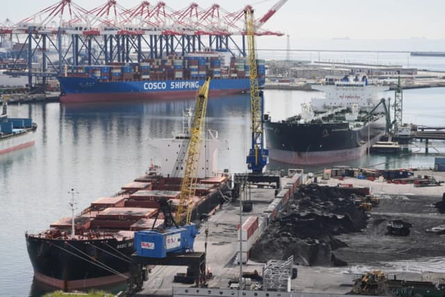 Los barcos atracados en el puerto de Long Beach, California, el 20 de febrero de 2026. (Damian Dovarganes/AP Photo)