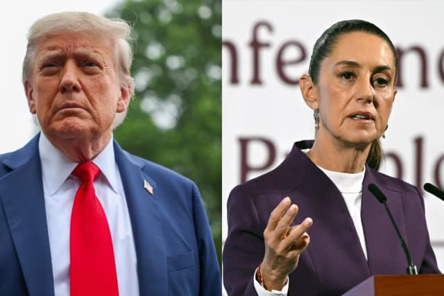 (Izquierda) El presidente Donald Trump habla con los medios de comunicación antes de subir al Marine One en el Jardín Sur de la Casa Blanca, el 15 de junio de 2025. (Derecha) La presidenta de México, Claudia Sheinbaum, habla en una rueda de prensa en el Palacio Nacional de Ciudad de México, el 4 de marzo de 2025. (Tasos Katopodis/Getty Images; Alfredo Estrella/AFP vía Getty Images)