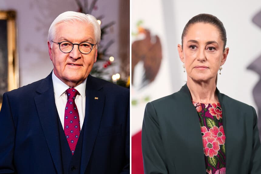 Izq: El presidente alemán Frank-Walter Steinmeier el 22 de diciembre de 2025 en Berlín, Alemania. (Rainer Keuenhof - Pool/Getty Images); Der: La presidenta de México, Claudia Sheinbaum, en el Palacio Nacional el 28 de agosto de 2025 en la Ciudad de México, México. (Héctor Vivas/Getty Images)
