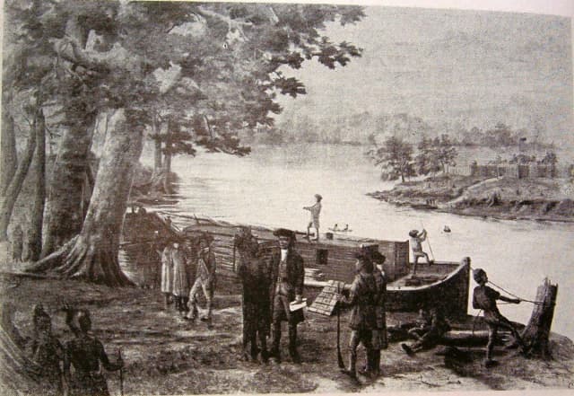 Rufus Putnam y los pioneros estadounidenses en el Territorio del Noroeste, en la desembocadura del río Muskingum, en la confluencia de los ríos Ohio y Muskingum, el 7 de abril de 1788. De la obra de John T. Faris «On the Trail of the Pioneers» (Tras las huellas de los pioneros), publicada en 1920. Dominio público