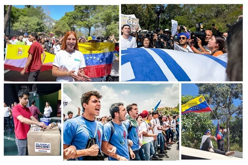 (En el sentido de las agujas del reloj, desde la parte superior izquierda) Oriana Campos, de 24 años, miembro de un grupo estudiantil de oposición política de la Universidad Central de Venezuela, durante una manifestación con motivo del "Día de la Juventud" en el campus de Caracas el 12 de febrero de 2026; Jacobo Malkhasian (C) participa en la manifestación; Malkhasian (izquierda) en la protesta; Daniel Tirado (izquierda) se une a otros manifestantes en Caracas el 21 de abril de 2017; Tirado emite su voto, antes de verse obligado a huir del país por la seguridad de su familia. (Cortesía de Oriana Campos, cortesía de Jacobo Malkhasian, cortesía de Daniel Tirado)
