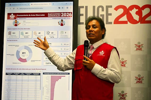Jorge Valdivia, portavoz del Jurado Nacional de Elecciones, habla durante una conferencia de prensa en Lima el 20 de abril de 2026. (ERNESTO BENAVIDES / AFP vía Getty Images)