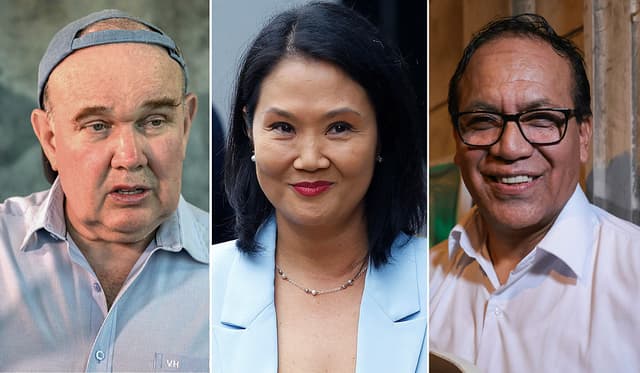 Esta combinación de imágenes, tomada el 20 de abril de 2026, muestra al candidato presidencial peruano por el partido Renovación Popular, Rafael López Aliaga, hablando con la prensa en Lima el 14 de abril de 2026, la candidata presidencial de Perú, Keiko Fujimori, llegando al tribunal especializado en corrupción en Lima el 1 de julio de 2024, y el candidato presidencial de Perú por el partido Juntos por el Perú, Roberto Sánchez, posando para una foto tras una entrevista con la AFP en su oficina de campaña en Lima el 14 de abril de 2026. (AFP vía Getty Images)