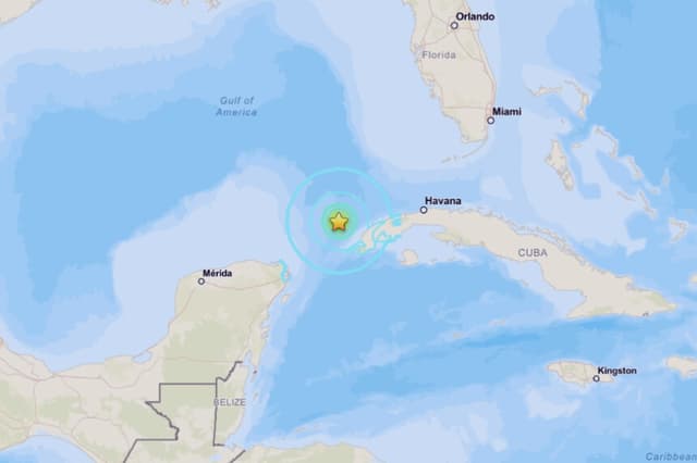 Un mapa muestra la ubicación de un terremoto de magnitud 6,1 que sacudió la zona occidental de Cuba el 8 de junio de 2026. (USGS/Captura de pantalla vía The Epoch Times).