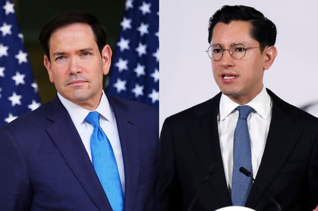 El secretario de Estado de EE. UU., Marco Rubio, durante la ceremonia de la embajada de EE. UU. en Nueva Delhi, el 23 de mayo de 2026. (Julia Demaree Nikhinson / POOL/AFP vía Getty Images) | El canciller mexicano Roberto Velasco habla durante una rueda de prensa este martes en Palacio Nacional de la Ciudad de México, México. (EFE/Sáshenka Gutiérrez)