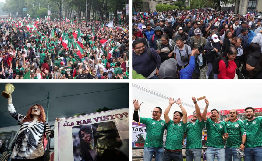Combo de fotografías de archivo que muestran a aficionados de México celebrando el récord Guinness de la ola mas grande (arriba-i), maestros de la Coordinadora Nacional de Trabajadores de la Educación en manifestación (arriba-d), una mujer protesta por personas desaparecidas (abajo-i), y aficionados de México presentes en el estadio Ciudad de México. En medio de la efervescencia futbolera por el Mundial 2026, México recibe el torneo con una serie de demandas sociales que buscan aprovechar la atención internacional que acompaña al evento, desde la crisis de desapariciones y las protestas magisteriales hasta reclamos por vivienda, agua y espacio público. (EFE/Madla Hartz/José Méndez/Mario Guzmán /ARCHIVO)
