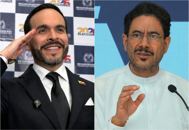 Esta combinación de imágenes de archivo, tomada el 16 de junio de 2026, muestra al candidato presidencial de Colombia, Abelardo de la Espriella (izquierda), durante la presentación de su fórmula electoral en la oficina de registro de Cali, en Colombia, el 12 de marzo de 2026, y al candidato presidencial de Colombia por el partido Pacto Histórico, Iván Cepeda, durante una conferencia de prensa en Barranquilla, Colombia, el 15 de junio de 2026. (JOAQUÍN SARMIENTO y Vanexa Romero / AFP vía Getty Images)