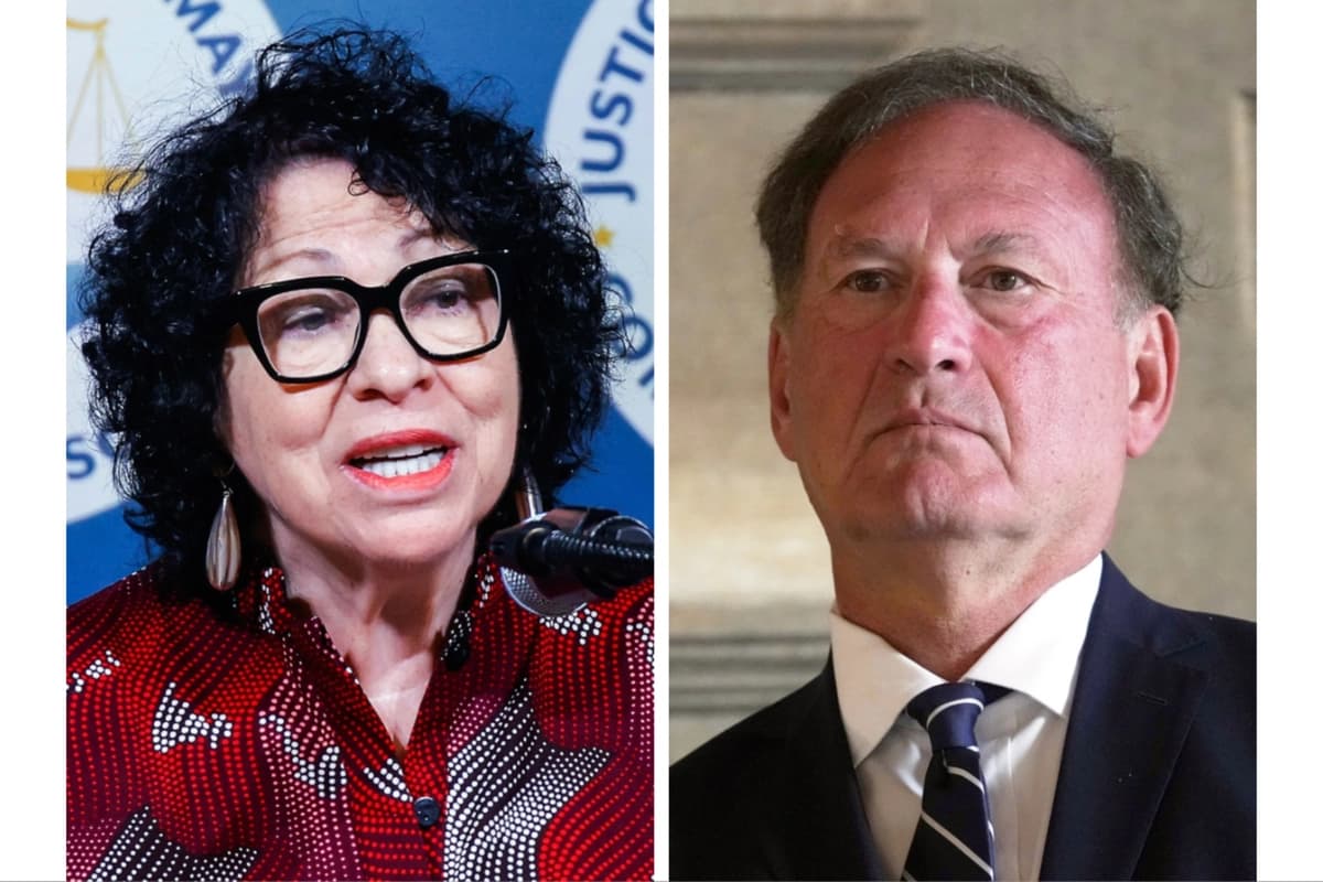 Esta fotografía compuesta muestra a la jueza Sonia Sotomayor, el 16 de septiembre de 2024 en Nueva York (Izq.), y al juez Samuel Alito en Roma el 20 de septiembre de 2025. (AP)