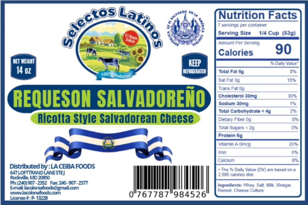 Productos de queso retirados del mercado por La Ceiba Foods Latin Market Inc. (FDA)