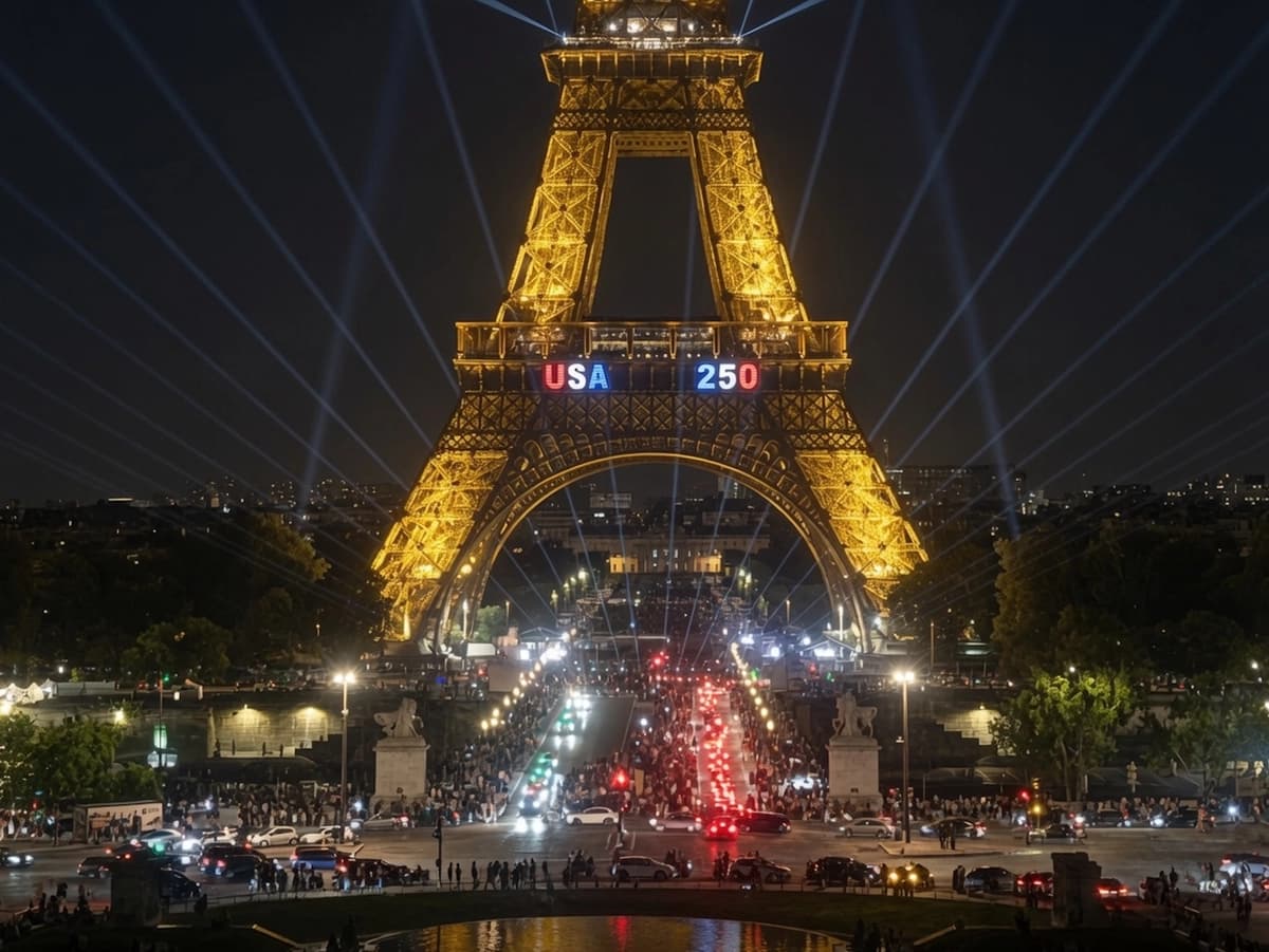 La Torre Eiffel se ilumina con "USA 250" mientras París celebra la Independencia de Estados Unidos