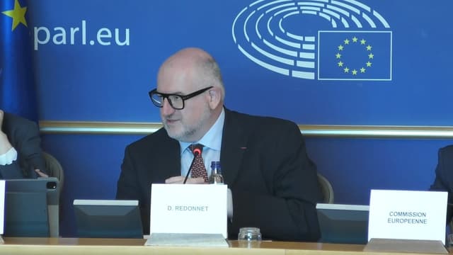 Denis Redonnet, director de Cumplimiento Comercial de la Comisión Europea, interviene durante una sesión de la Comisión de Comercio Internacional del Parlamento Europeo en Bruselas el 14 de julio de 2026. (Parlamento Europeo/Captura de pantalla vía The Epoch Times)