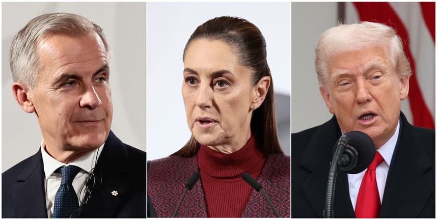 Combo de fotografías que muestra al primer ministro de Canadá, Mark Carney (i); la presidenta de México, Claudia Sheinbaum (c), y al presidente de Estados Unidos, Donald Trump. (EFE/ José Méndez/ Octavio Guzmán)