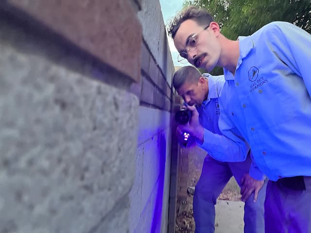Jeremiah Sourp (derecha) y Mike Golleher, de Seal Out Scorpions, revisan una barrera de concreto en busca de escorpiones en Tempe, Arizona, el 24 de junio de 2026. Allan Stein/The Epoch Times