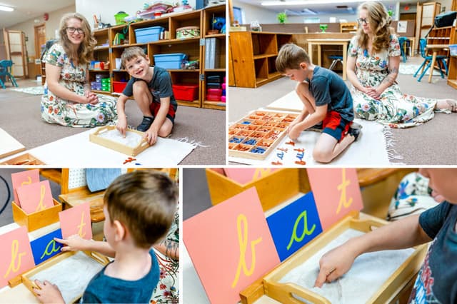 La maestra Colleen Endrizzi y un alumno de primer grado exploran la escritura cursiva en la escuela Willoughby Montessori en Willoughby, Ohio, el 10 de julio de 2026. (Jonathan D. Williams para The Epoch Times).