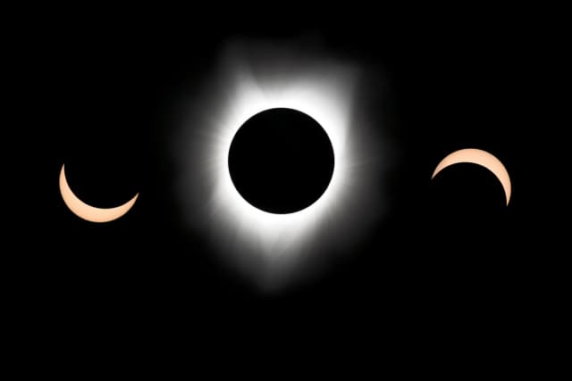 Una fotografía compuesta muestra las fases de un eclipse parcial y total. (Shutterstock/Stephan Rapp).