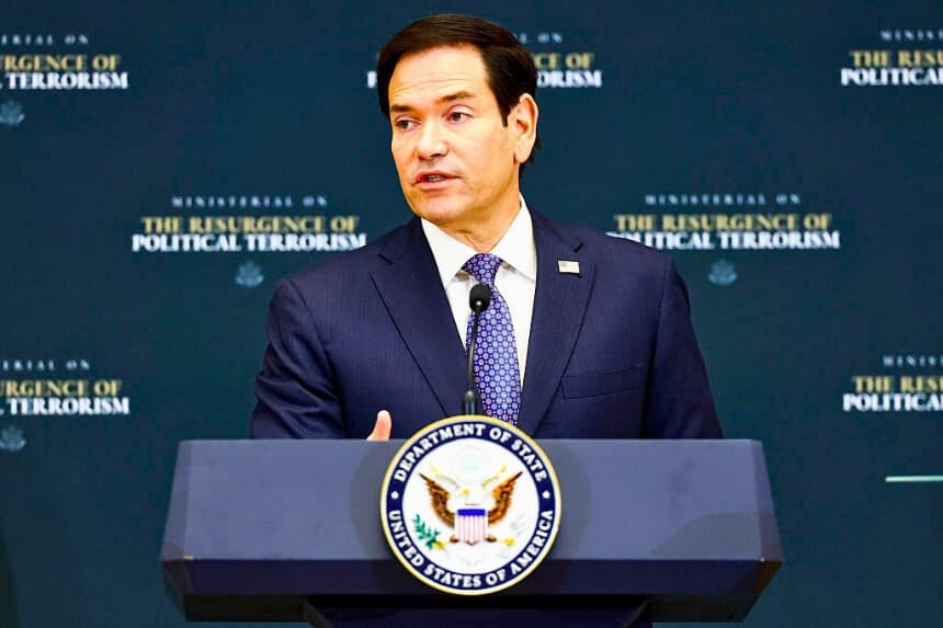 El secretario de Estado de Estados Unidos, Marco Rubio, pronunció el discurso de apertura durante la reunión ministerial sobre el resurgimiento del terrorismo político en el Departamento de Estado en Washington el 16 de julio de 2026. (Finn Gomez/Getty Images).