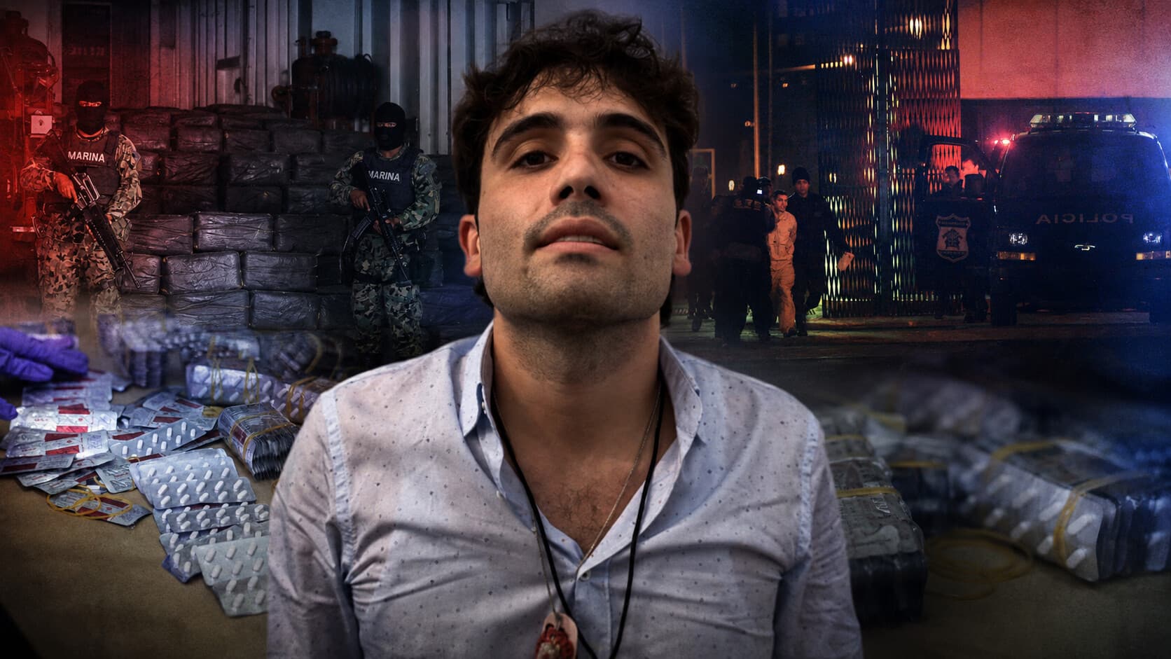 Composición de Epoch Times en Español. En las imágenes: Al centro, el chapito Ovidio Guzmán, hijo del narcotraficante Joaquín "el Chapo" Guzmán. (EFE/STR/Archivo); a la derecha en alto, policías de la Agencia Federal de Investigación (AFI) custodian al chapito Iván Archivaldo Guzmán en el penal de La Palma el 9 de junio de 2005, (Hernán Vázquez / Agencia MVT / AFP vía Getty Images); Miembros de la Marina de México (Juan Carlos Reyes / AFP vía Getty Images) y Fentanilo, (Angela Weiss/ AFP vía Getty Images)