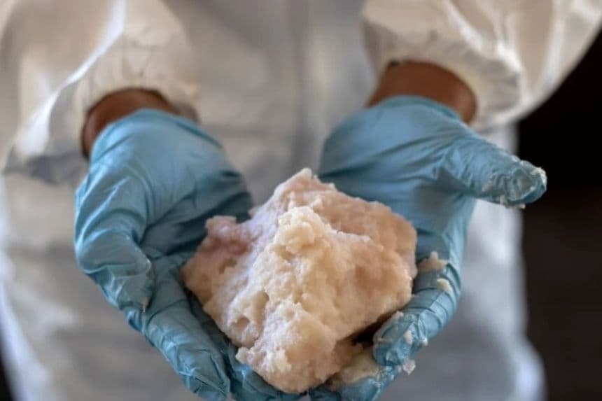 Un experto del Ejército mexicano muestra pasta de metanfetamina en un laboratorio clandestino cerca de la localidad de La Rumorosa, en Tecate (estado de Baja California, México), el 28 de agosto de 2018. (Guillermo Arias/AFP vía Getty Images)