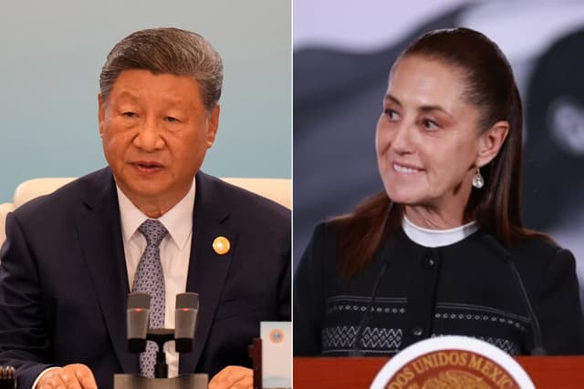 Izq: El presidente chino, Xi Jinping, pronuncia un discurso durante la Cumbre de la Organización de Cooperación de Shanghái (OCS) de 2025, celebrada en el Centro de Convenciones y Exposiciones de Meijiang el 1 de septiembre de 2025 en Tianjín, China. (Suo Takekuma - Pool/Getty Images); Der: La presidenta de México Claudia Sheinbaum, reacciona durante una rueda de prensa, en Palacio Nacional de la Ciudad de México (EFE/Mario Guzmán)
