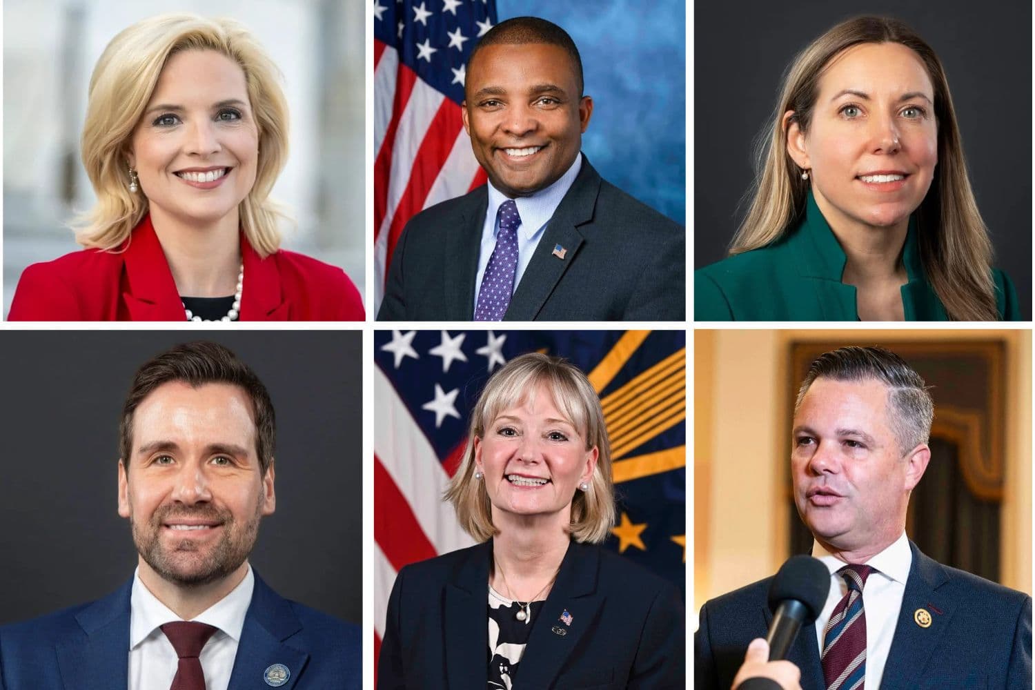 (Arriba de izquierda a derecha) La representante Ashley Hinson (R-Iowa). Representante Don Davis (D-N.C.). La senadora estatal demócrata de Iowa, Sarah Trone Garriott. (Abajo de izquierda a derecha) Joshua Turek representante estatal demócrata de Iowa. Laurie Buckhout, coronel retirada del Ejército candidata republicana. El representante republicano Zach Nunn (R-Iowa). (Madalina Vasiliu/The Epoch Times/Asamblea General de Iowa) | (Biblioteca del Congreso, Departamento de Defensa de los Estados Unidos).