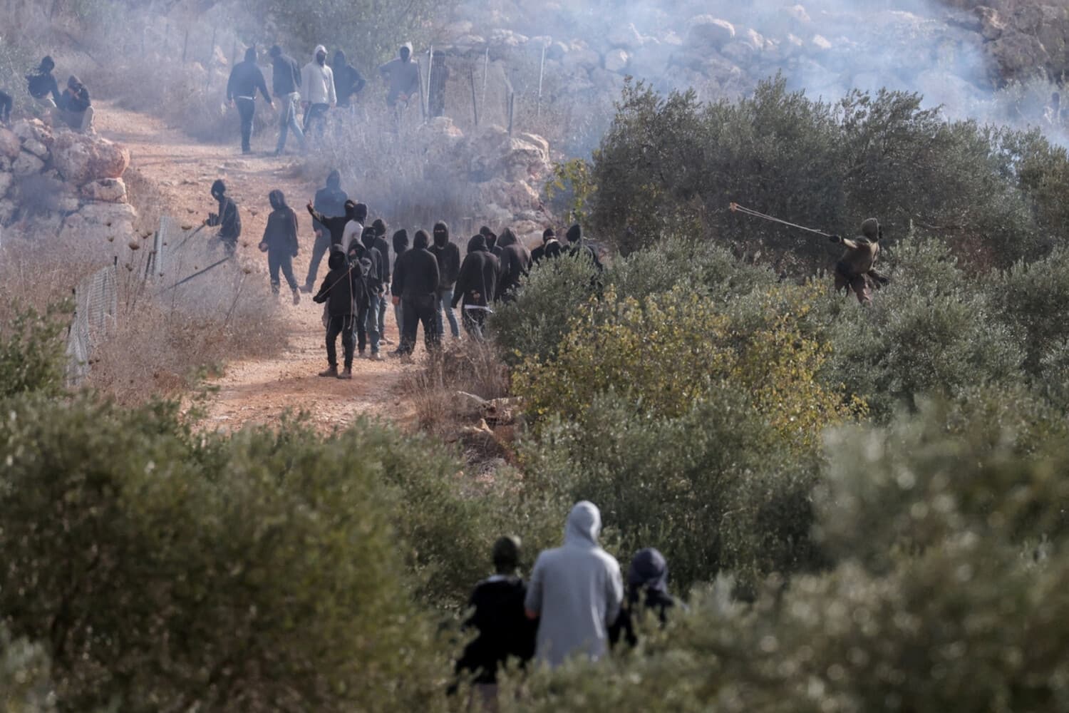 Palestinos observan a colonos israelíes lanzando proyectiles en medio de enfrentamientos durante la cosecha de aceitunas en Abu Falah, cerca de Ramallah, en la Cisjordania ocupada por Israel, el 16 de octubre de 2026. (Ammar Awad/Reuters).